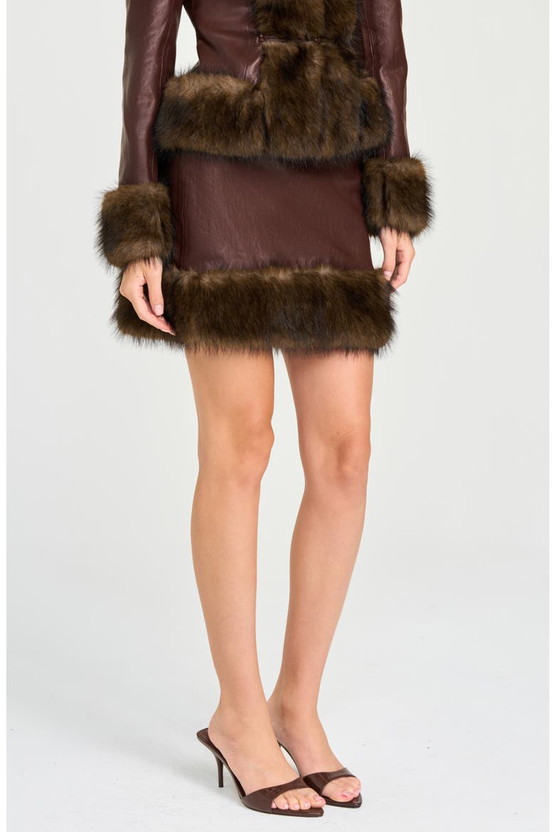 x Rose Lola Mercer Faux Fur Trim Faux Leather Miniskirt, Alternate, color, CHOCOLATE