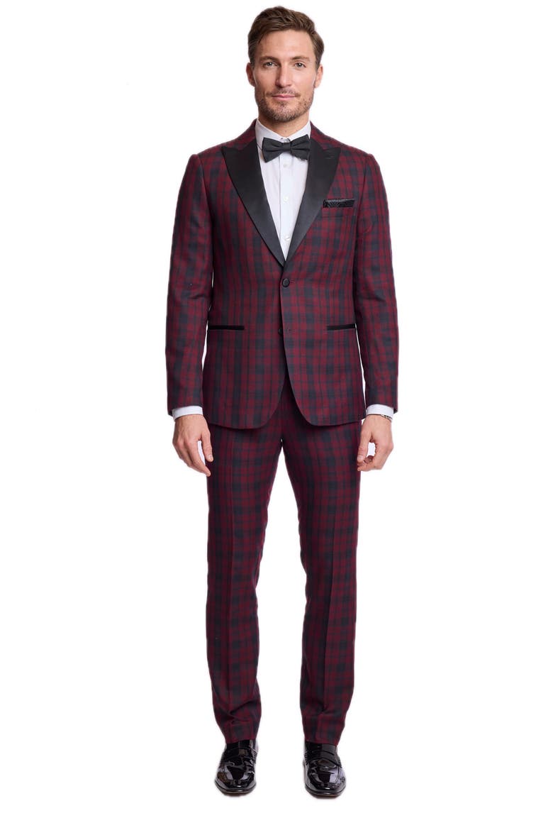 Kyle Slim Fit Plaid Peak Lapel Tuxedo Jacket, Alternate, color, BURGUNDY BLACK TARTAN