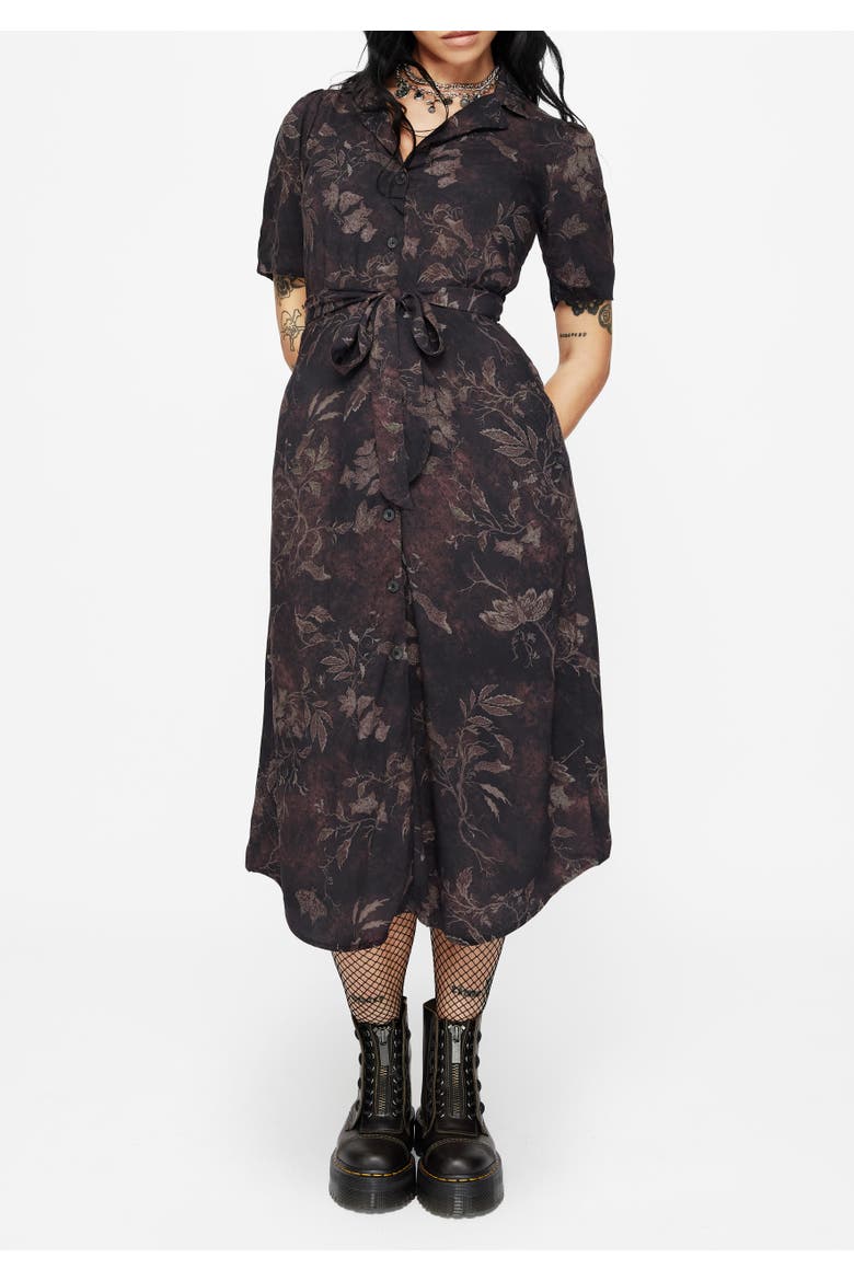 Ashmire Moth Print Tie-Waist Shirt Dress, Alternate, color, Black