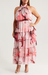 Socialite Metallic Floral Print Halter Dress