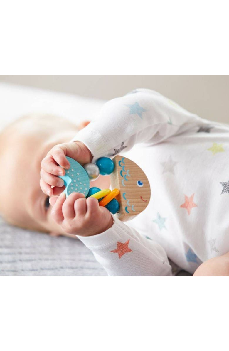 HABA Rattlefish Wooden Baby Rattle and Teething Toy with Plastic Rings, Teething Toys 6-12 months, Grasping Toy for Babies, Made in Germany, Alternate, color, Multi