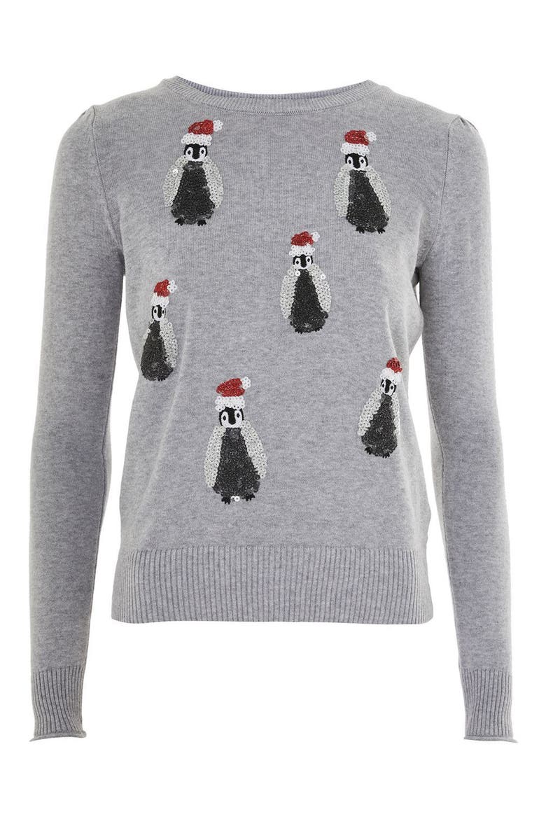 Sequin Penguin Sweater, Alternate, color, GREY MARL MULTI