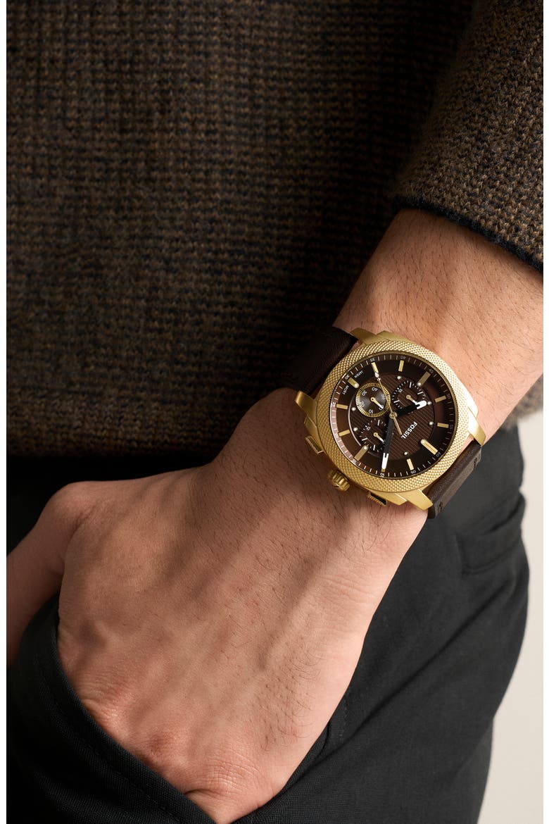 Machine Chronograph Goldtone Leather Strap Watch, 44mm, Alternate, color, BROWN