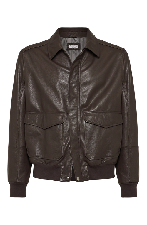 Brunello Cucinelli Men Leather Jacket In Brown