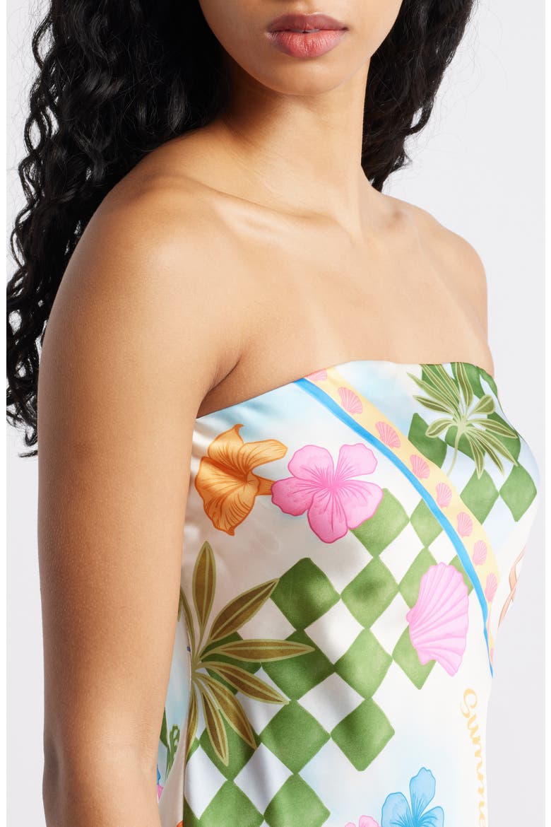 Print Strapless Satin Minidress, Alternate, color, WHITE MULTI