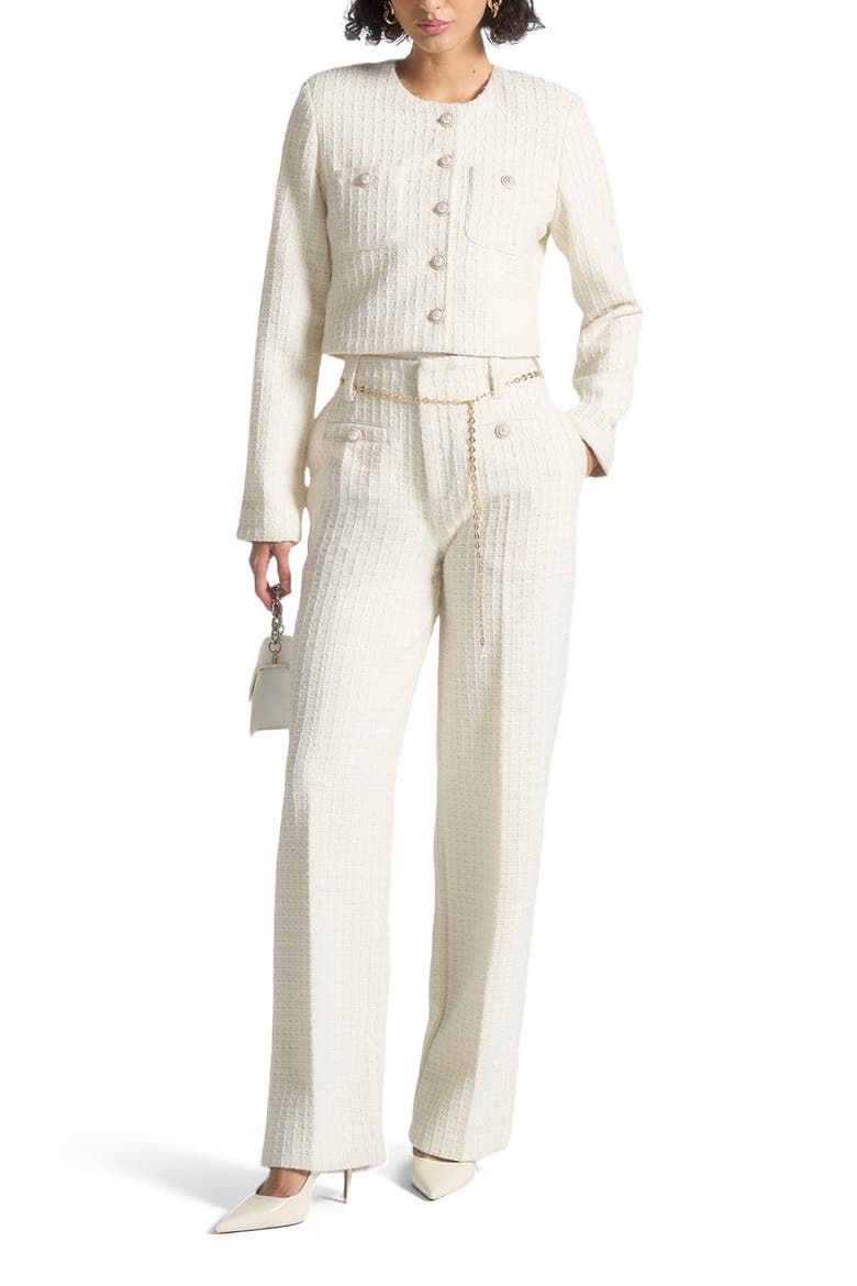 Celine Cropped Tweed Jacket with Pearls, Alternate, color, Cream
