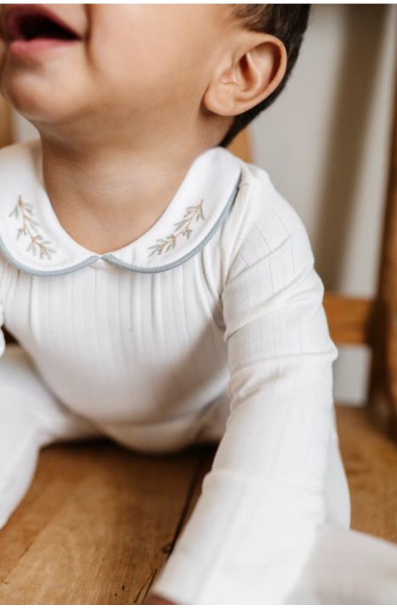 Ely's & Co. Organic Wide Rib Embroidered Scallop Collar Collection - Footie, Alternate, color, Ivory/Blue