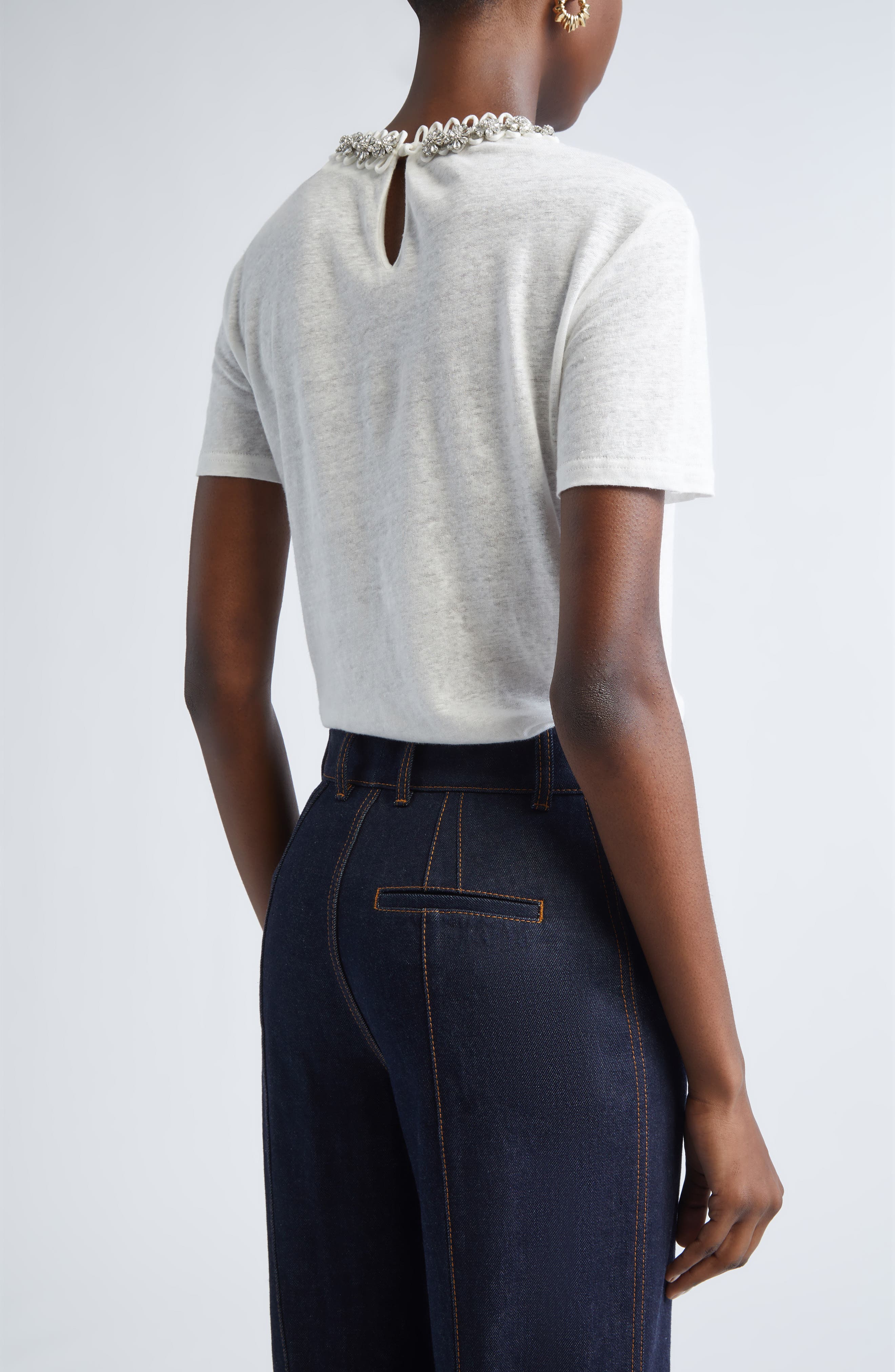 Crystal Embellished Linen T-Shirt - image 2