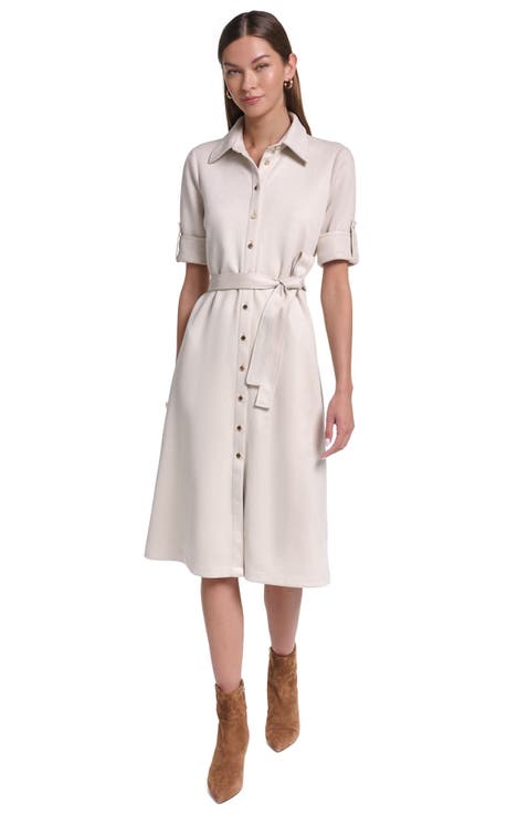 Short Sleeve Suede Midi Shirt Dress