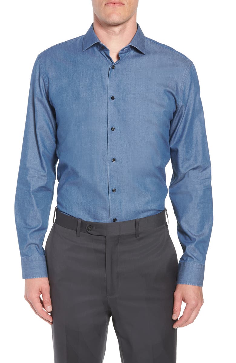 1901 Trim Fit Solid Denim Dress Shirt, Main, color, 