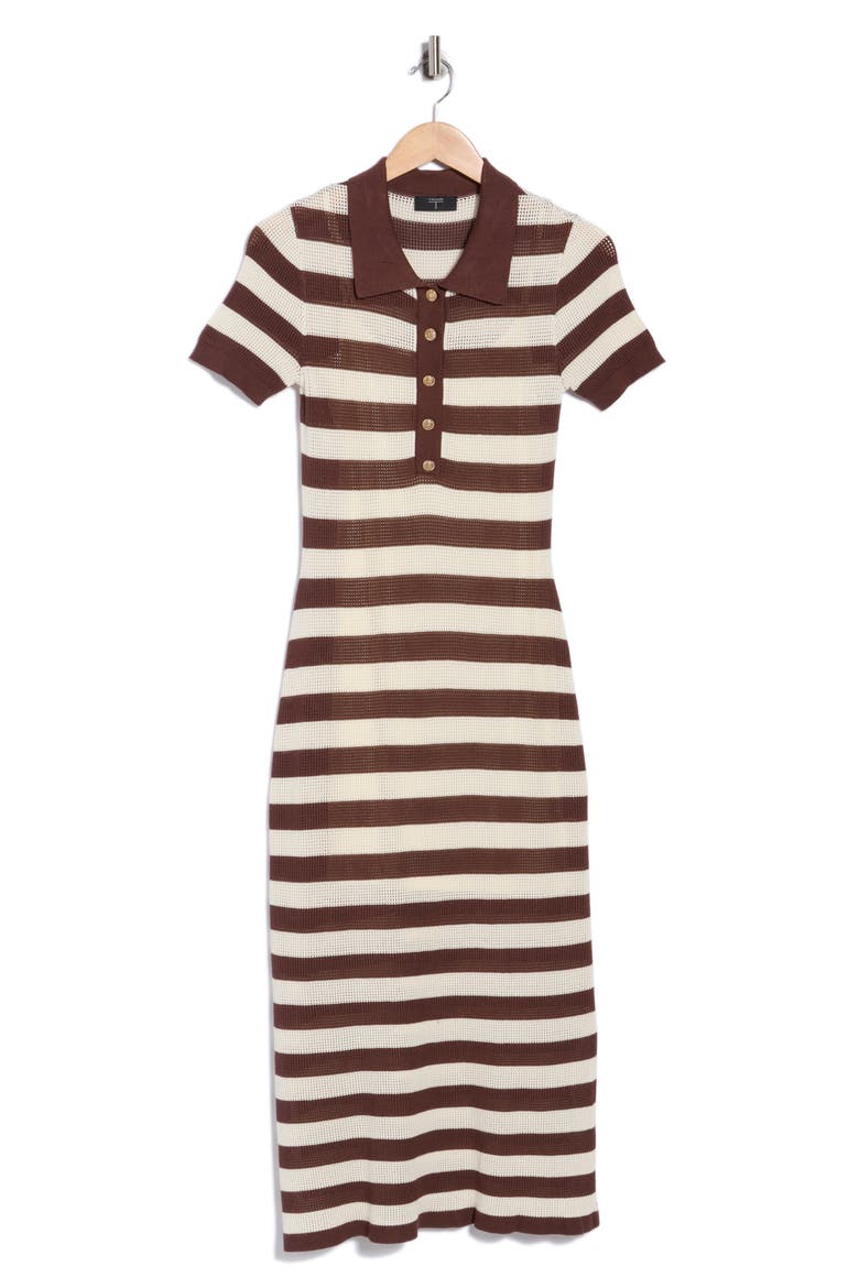 Stripe Short Sleeve Polo Midi Dress, Main, color, CREAM/ COCOA BEAN