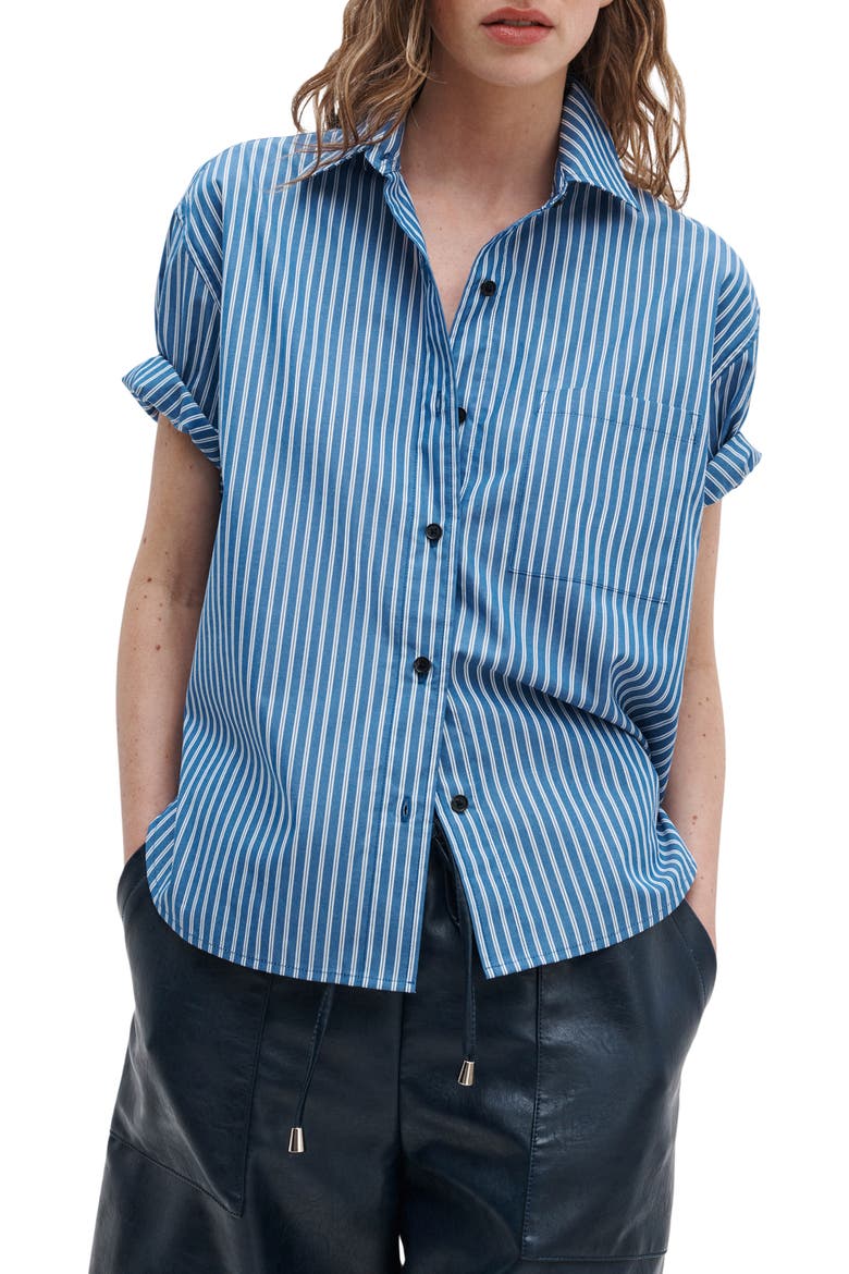 Connie Stripe Short Sleeve Poplin Button-Up Shirt, Main, color, BLUE STRIPE
