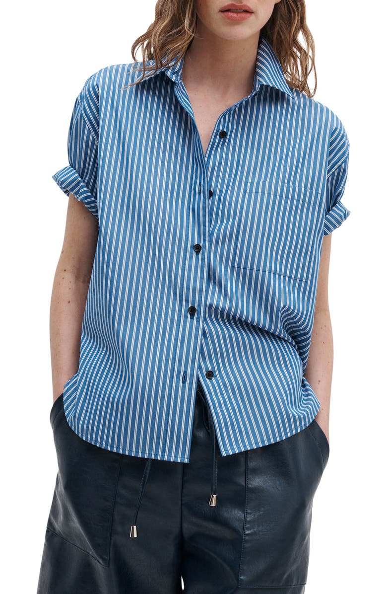 rag & bone Connie Stripe Short Sleeve Poplin Button-Up Shirt, Main, color, Blue Stripe