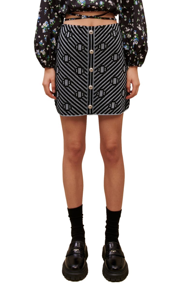 maje Jasmina Metallic Jacquard Skirt, Main, color, Black/Blue