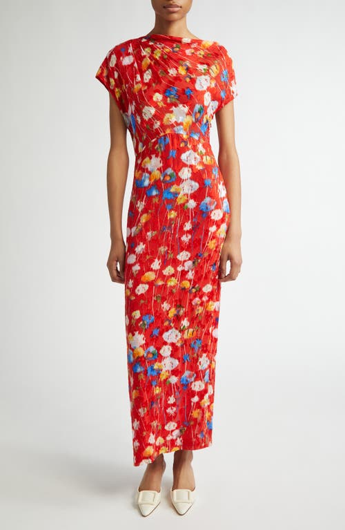 Lela Rose Floral Jacquard Draped-shoulder Ankle Sheath Dress In Poppy