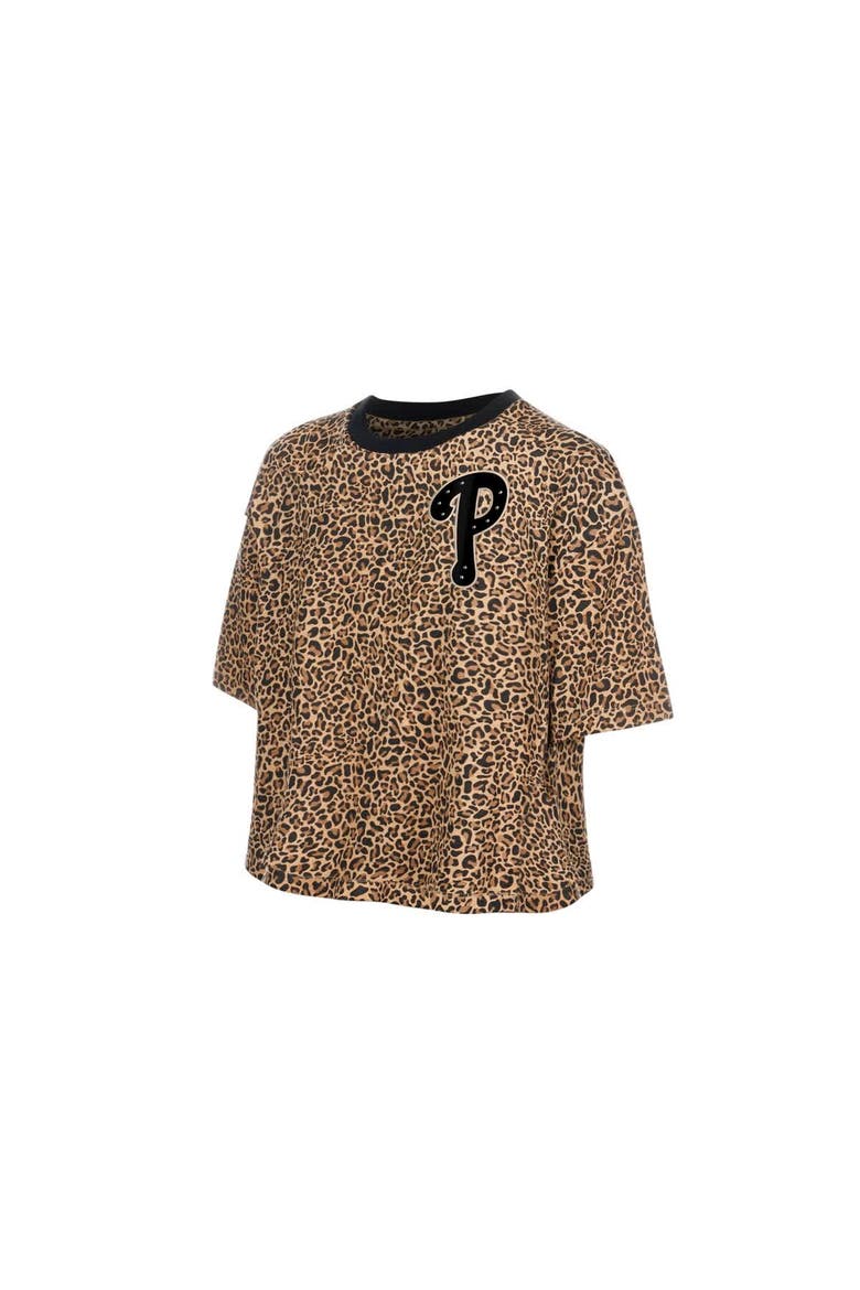 Women's New Era  Brown Philadelphia Phillies Leopard Boxy Cropped T-Shirt, Alternate, color, Brown