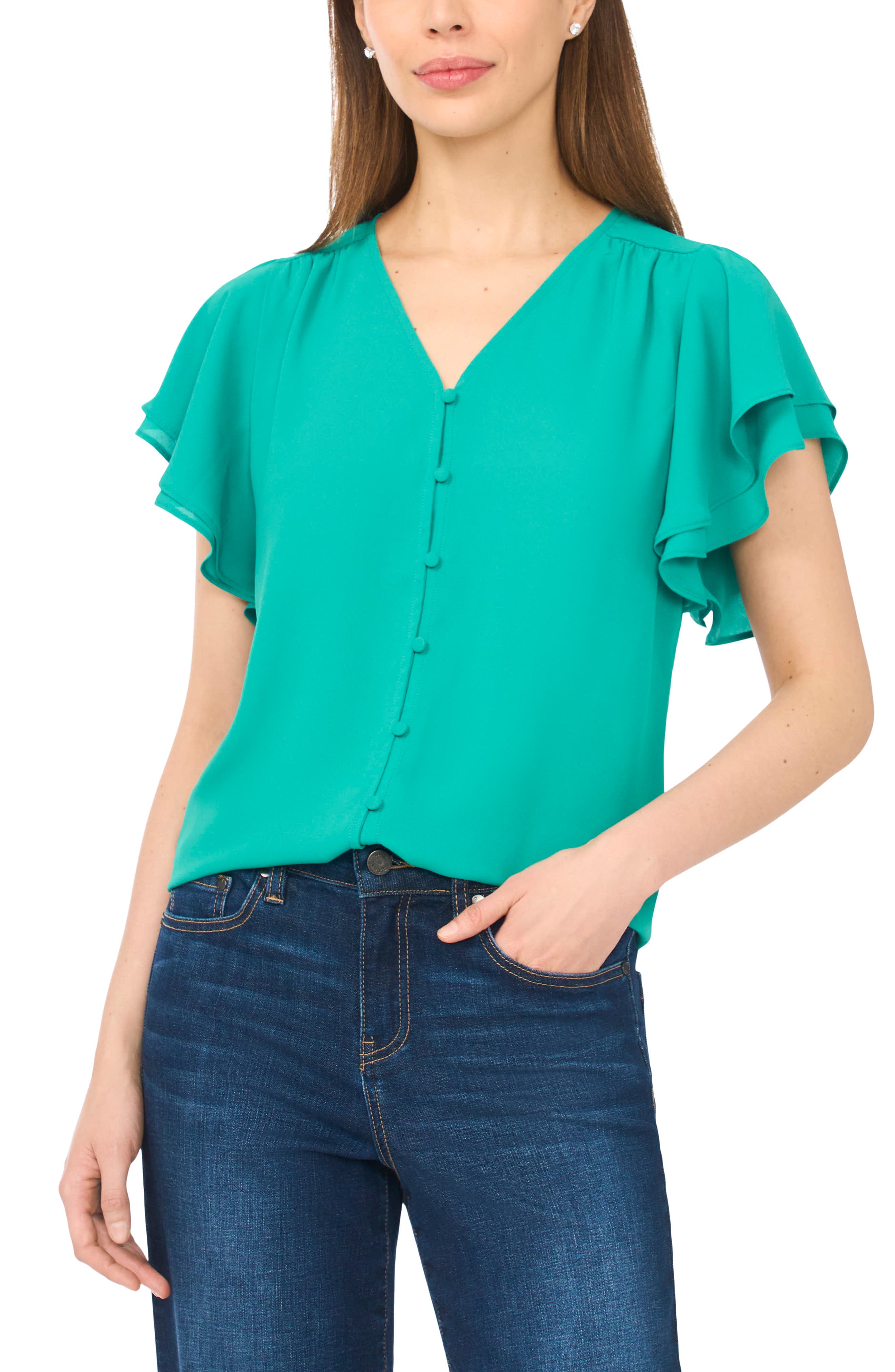 Double Flutter Sleeve V-Neck Top - image 5