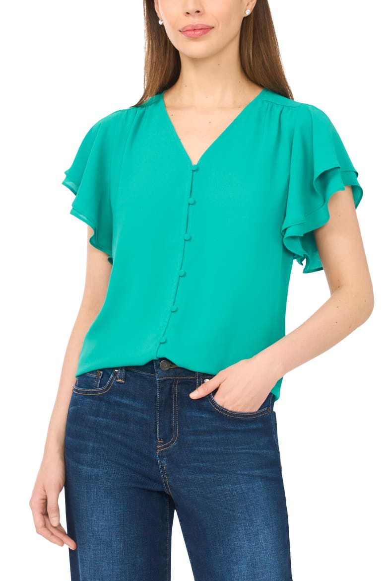 Double Flutter Sleeve V-Neck Top, Main, color, EVERGLADE