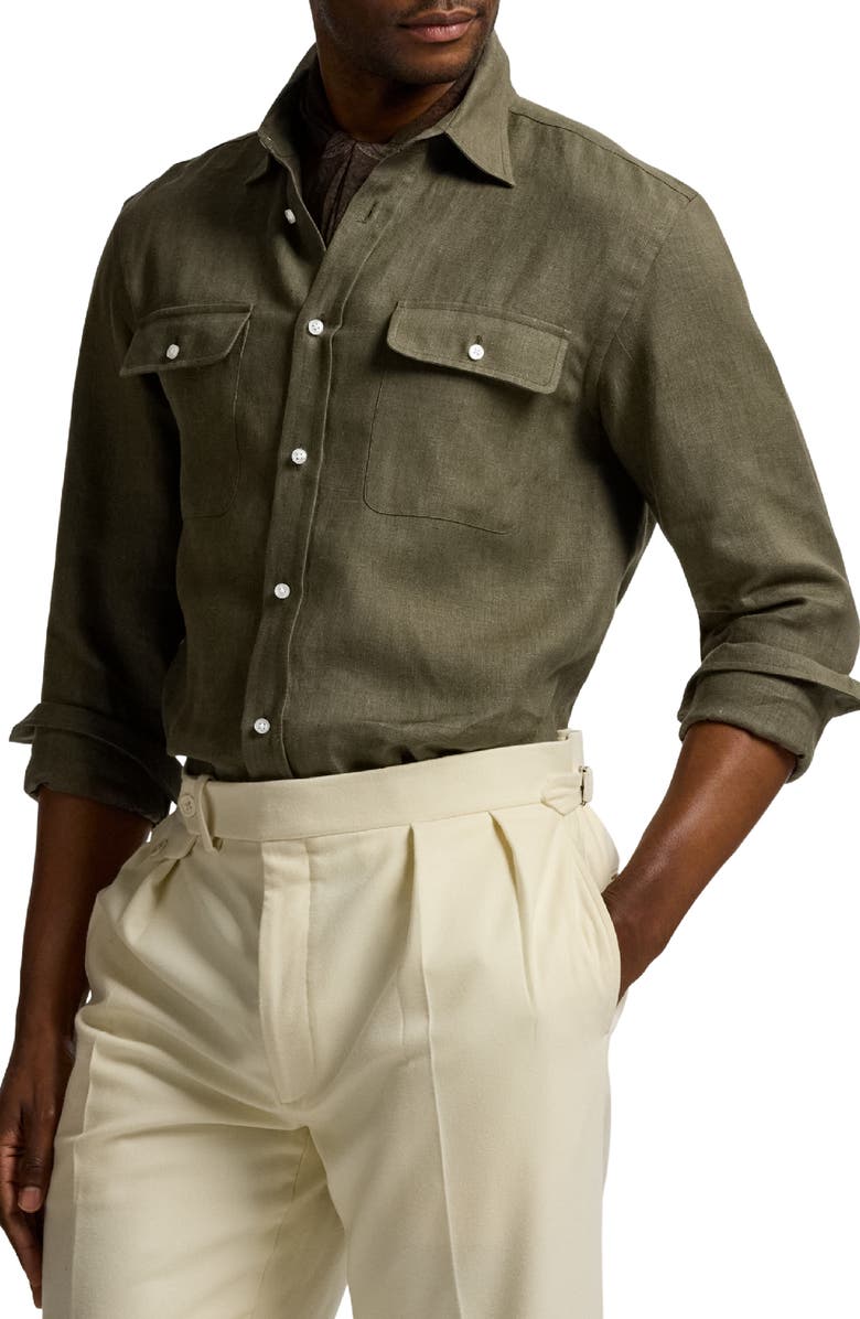 Ralph Lauren Purple Label Tailored Linen Button-Up Shirt, Alternate, color, Thicket Moss
