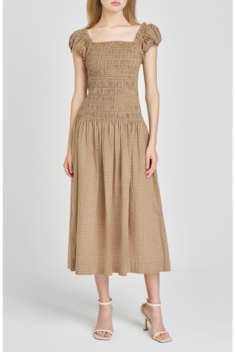 Cassidy Plaid Smock Bodice Cotton Midi Dress, Main, color, KHAKI PLAID