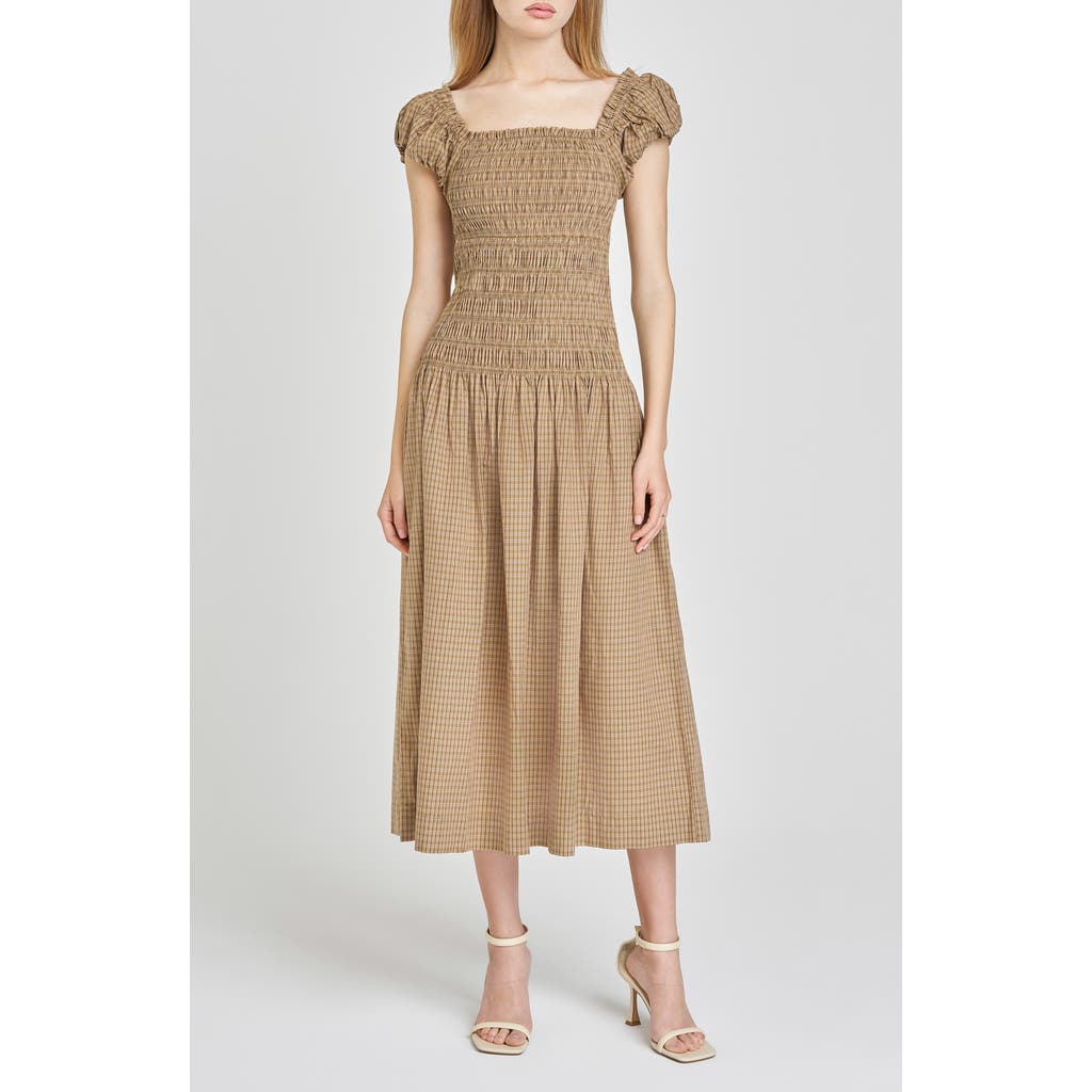 Wayf Cassidy Plaid Smock Bodice Cotton Midi Dress In Neutral