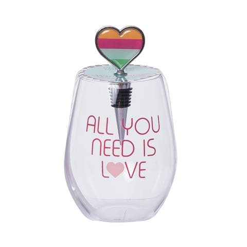 All You Need Wine Glass w/ Stopper Set of 2 Glass Clear 18 oz