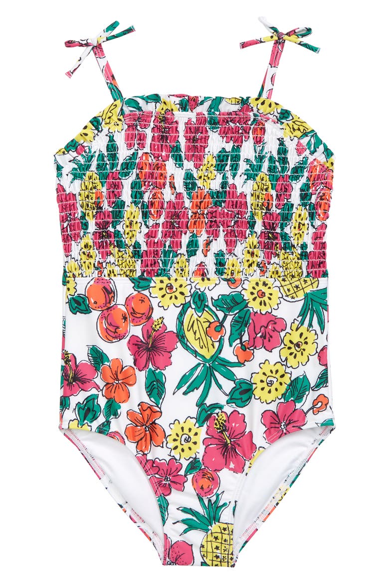Smocked One-Piece Swimsuit, Main, color, WHITE SKETCH FRUITY FLORAL