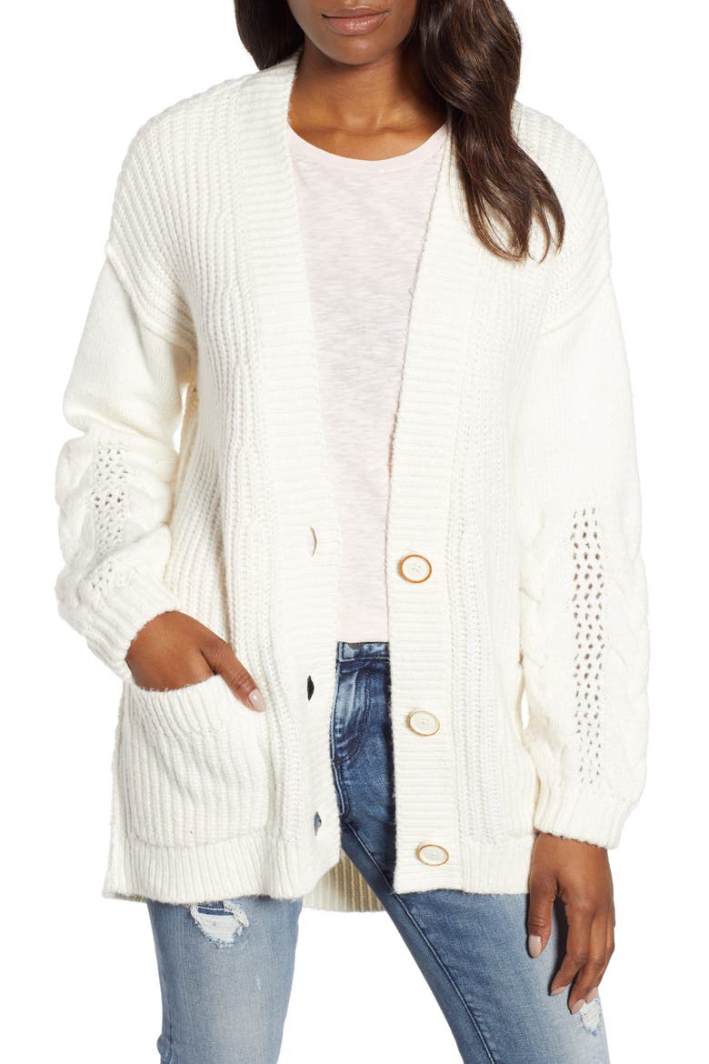 Cable Knit Sleeve Cardigan, Main, color, IVORY CLOUD