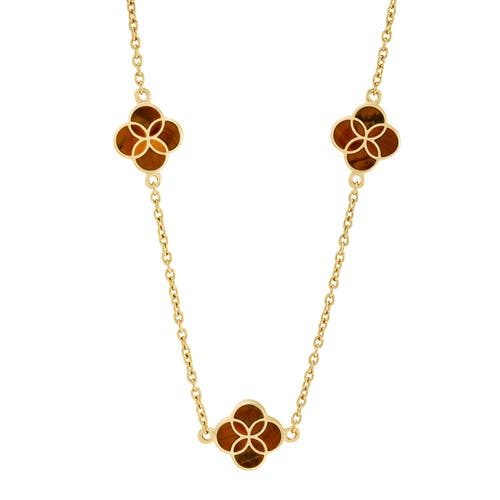 Jan Leslie Sterling With 18k Gold Overlay And Gemstones Triple Petal Station Necklace In Brown