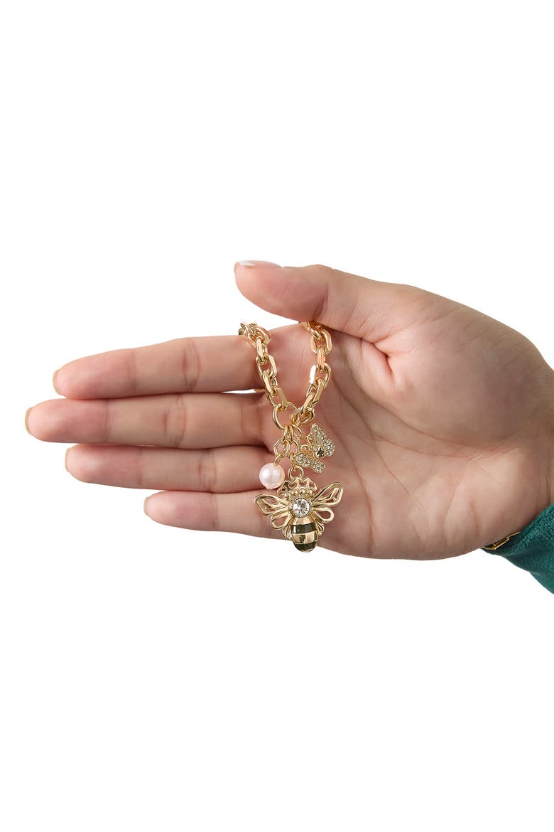 Charm Cluster Bee Necklace, Gold-Tone with Crystal Butterfly & Pearl Accents, Alternate, color, Gold Tone