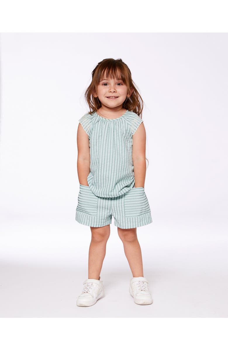 Deux par Deux Girl's Chambray Blouse And Short Set Mint Green Striped, Alternate, color,