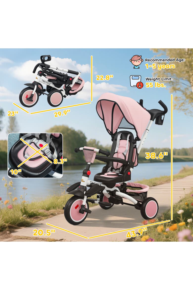 Kids Tricycle with Adjustable Push Handle and Removable Canopy, Alternate, color, Pink