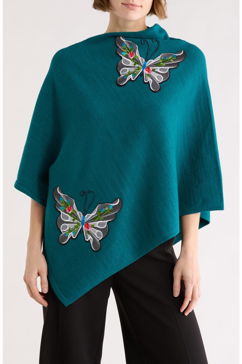 Butterfly Embroidered Poncho, Main, color, GREEN