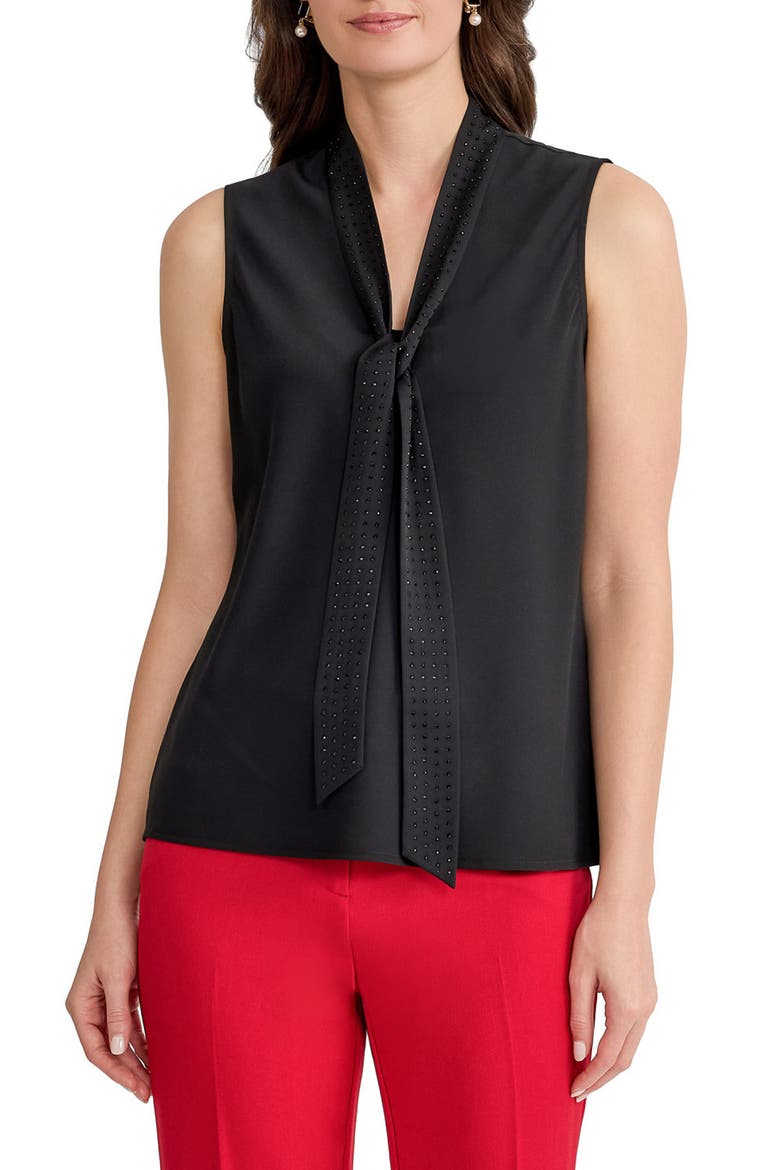 Rhinestone Tie Neck Sleeveless Georgette Top, Main, color, BLACK