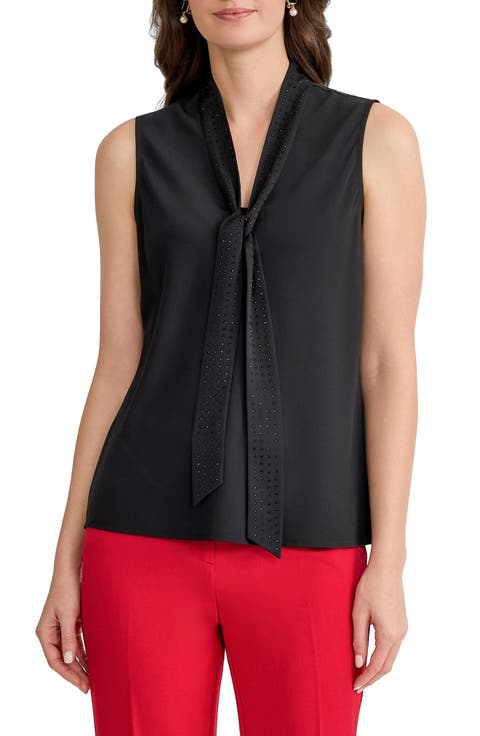 Rhinestone Tie Neck Sleeveless Georgette Top