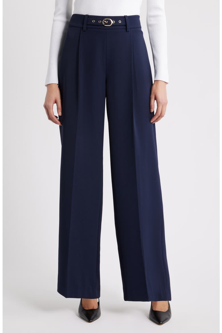 The Oakley Belt Detail High Waist Wide Leg Twill Pants, Main, color, NAVY