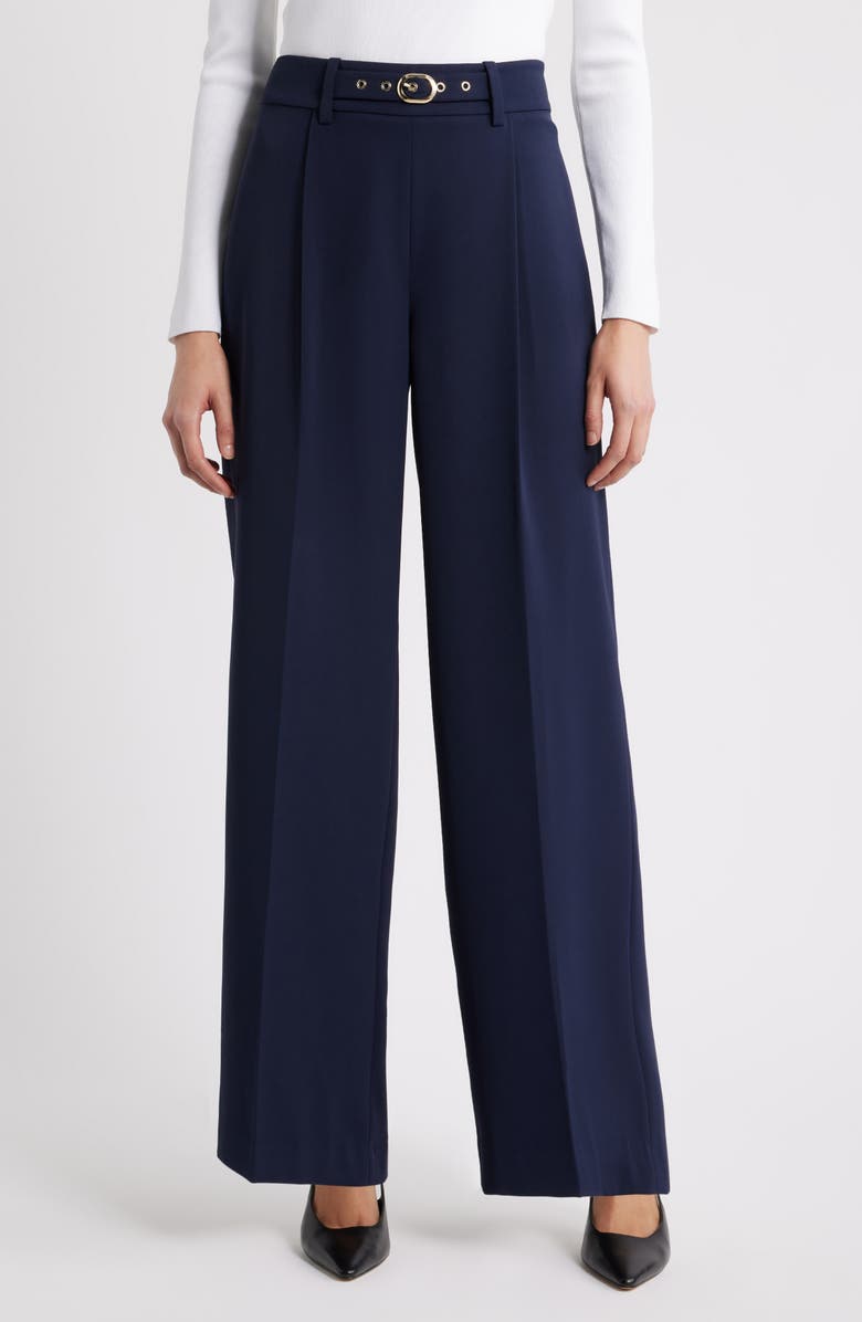 Elie Tahari The Oakley Belt Detail High Waist Wide Leg Twill Pants, Main, color, 
