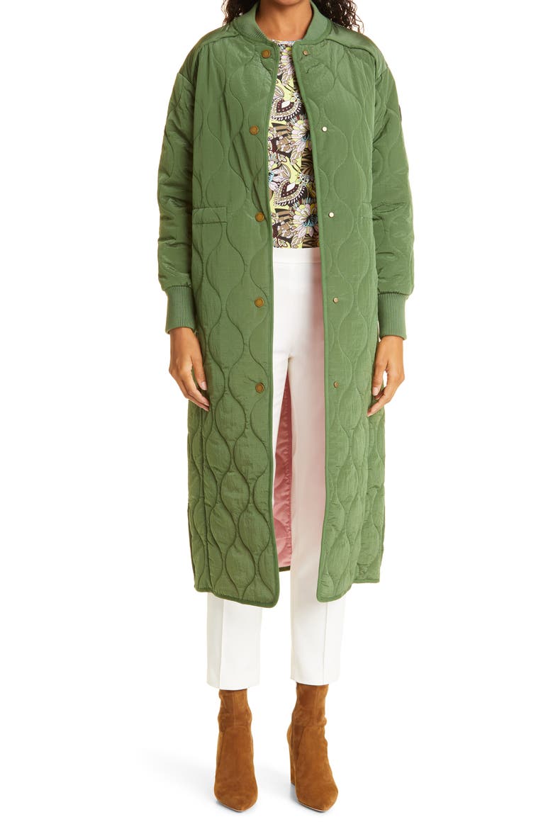 Avverrii Quilted Long Bomber Coat, Main, color, GREEN