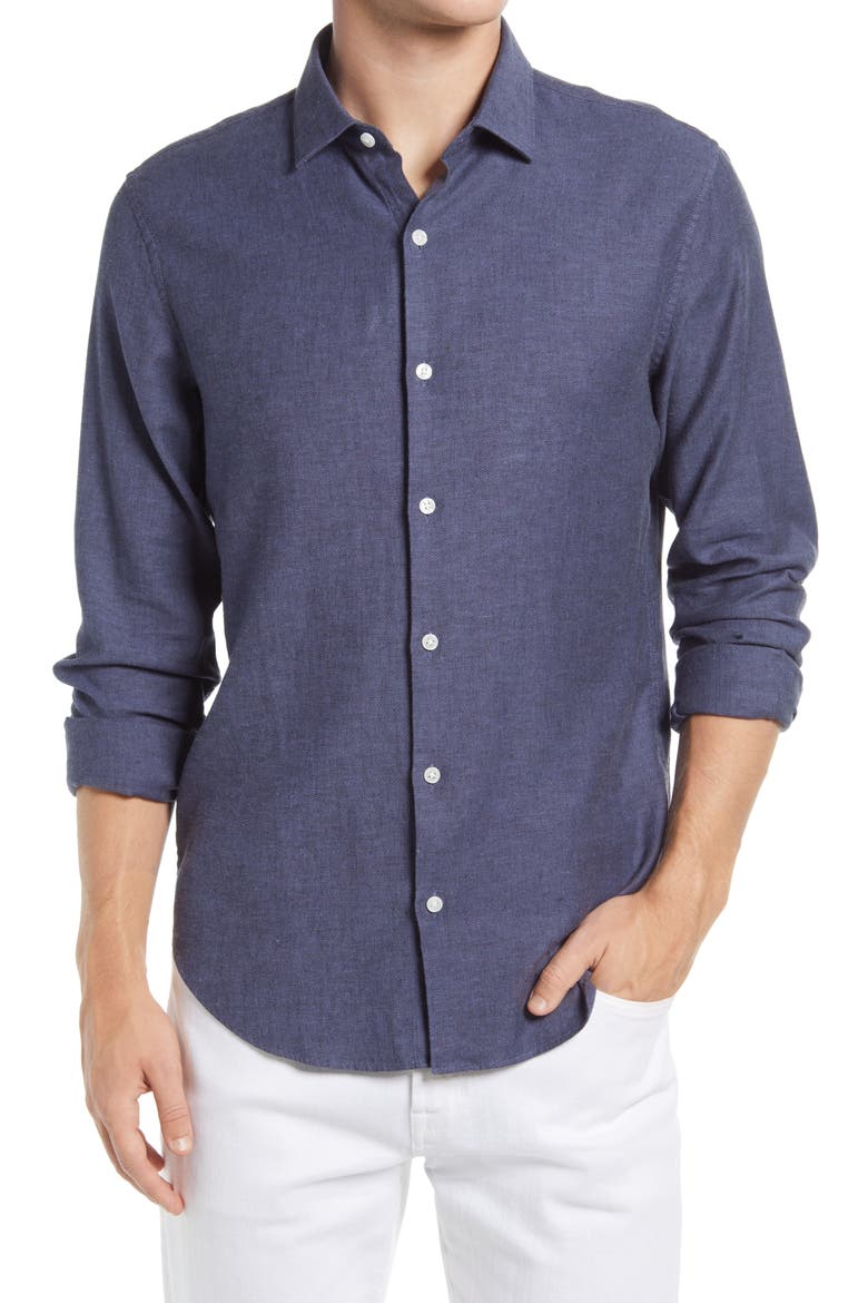 Slim Fit Stretch Linen & Cotton Button-Up Shirt, Main, color, NAVY HERRINGBONE