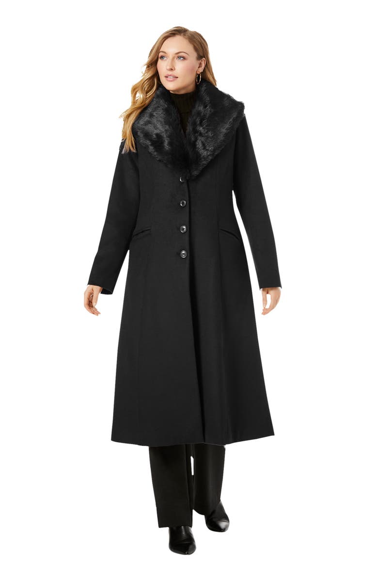 Jessica London Long Wool-Blend Coat with Faux Fur Collar, Main, color, Black