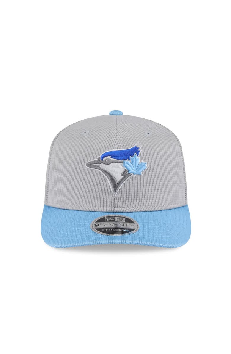 New Era Men's New Era  Gray/Powder Blue Toronto Blue Jays 2025 Batting Practice 9SEVENTY Stretch-Snap Trucker Hat, Alternate, color, 