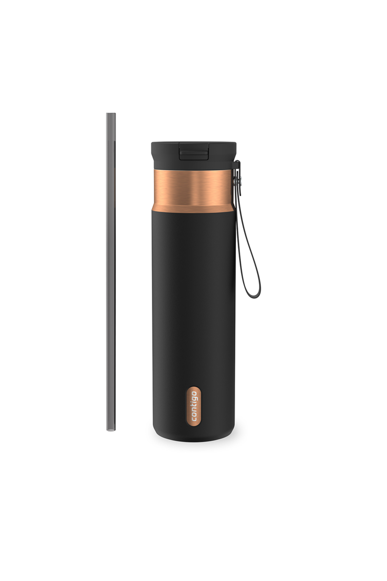 SnapSeal 24 oz Leakproof Stainless Steel Bottle with Carrying Strap and Reusable Straw, Main, color, Licorice Bronze