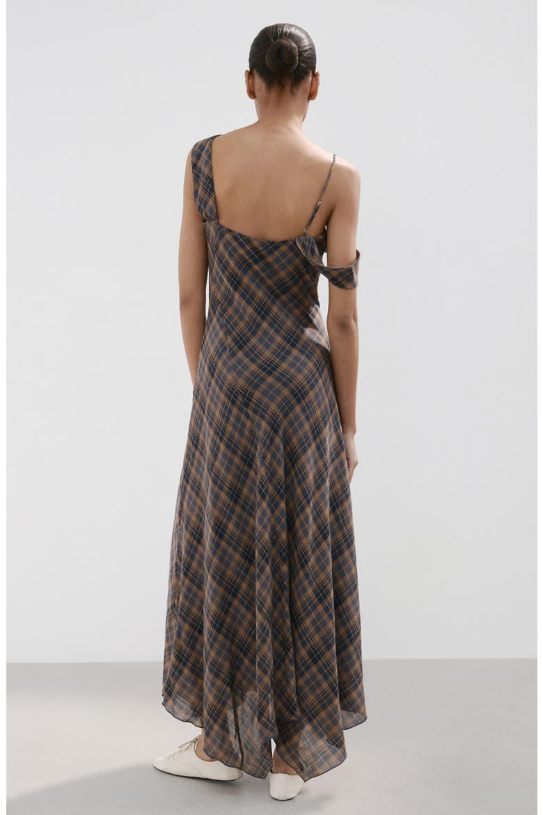 Plaid Asymmetric Sleeveless Dress, Alternate, color, BROWN