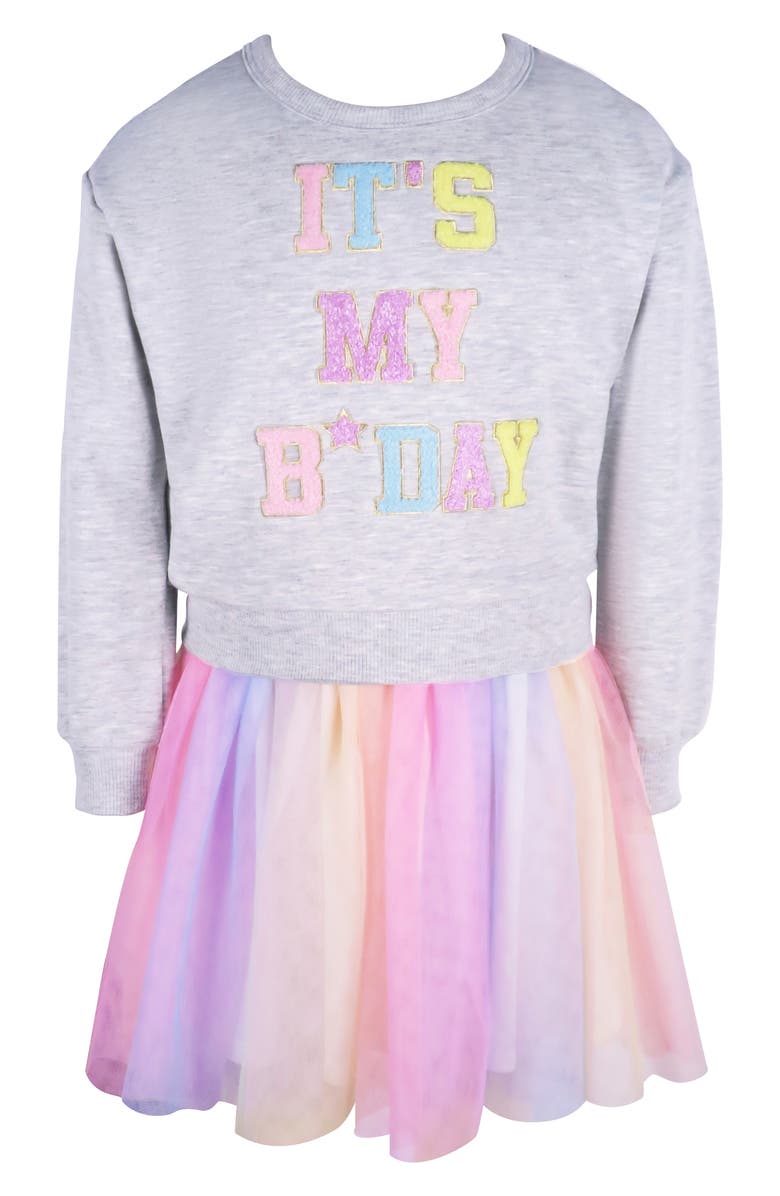 Zunie Kids' It's My B-Day Long Sleeve Ombré Skirt Dress, Main, color, Grey Multi