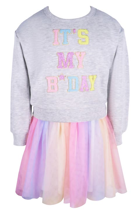 Kids' It's My B-Day Long Sleeve Ombré Skirt Dress (Toddler & Little Kid)