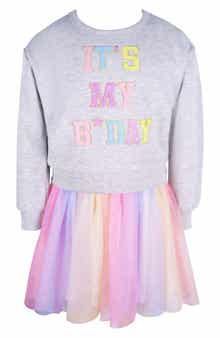 Zunie Kids' It's My B-Day Long Sleeve Ombré Skirt Dress