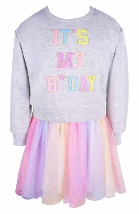 Zunie Kids' It's My B-Day Long Sleeve Ombré Skirt Dress