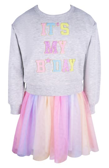Zunie Kids' It's My B-day Long Sleeve Ombré Skirt Dress In Gray