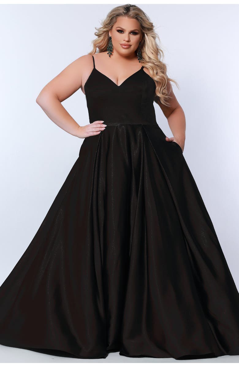 Sydney's Closet Satin A-Line V-Neck Plus Size Evening Gown, Main, color,