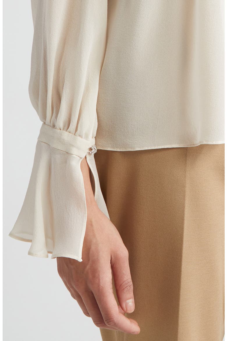 Yelina Semisheer Bell Sleeve Bow Back Silk Georgette Top, Alternate, color, BEIGE